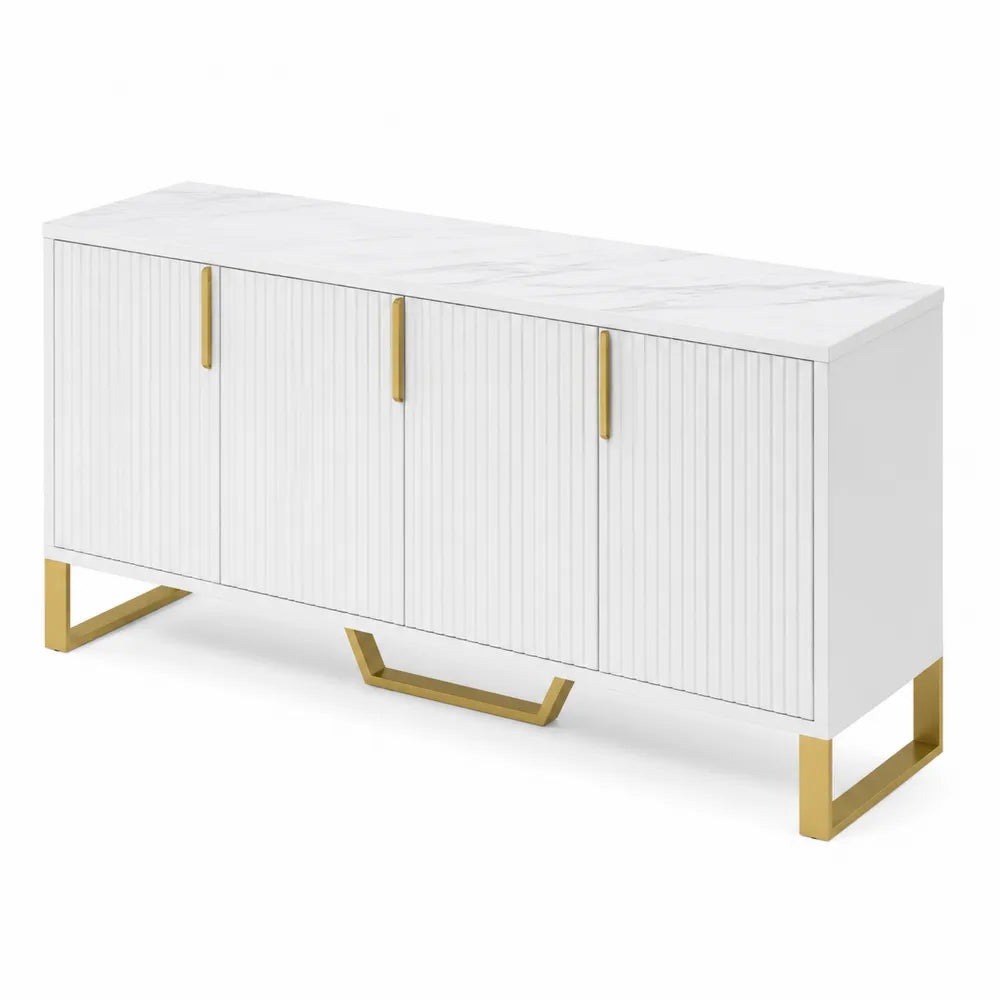 Credenza in MDF bianco con gambe in metallo dorato a 4 ante