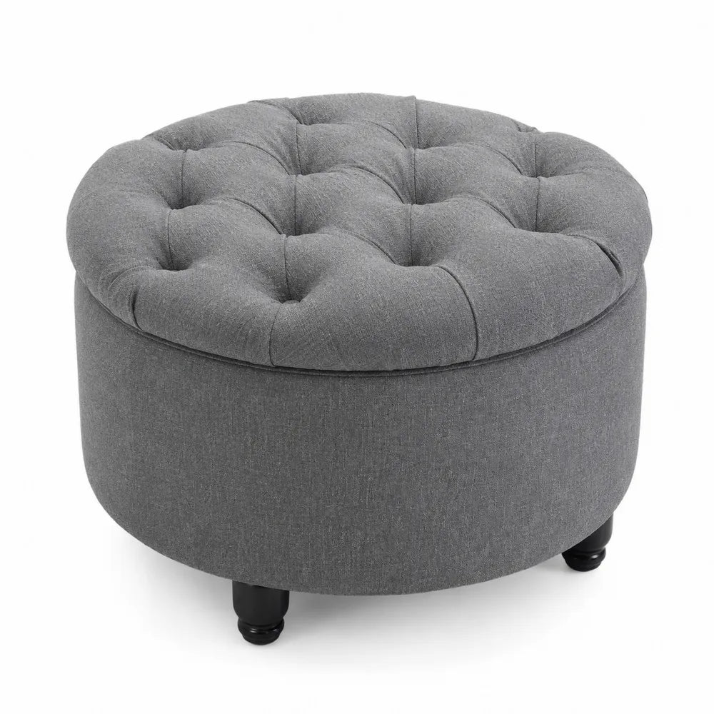 Panca rotonda in tessuto di lino Grigio con bottoni, diametro 60 cm