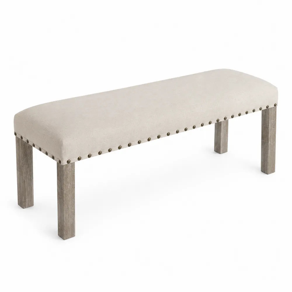 Panca rettangolare in tessuto poliestere beige con gambe in legno massello