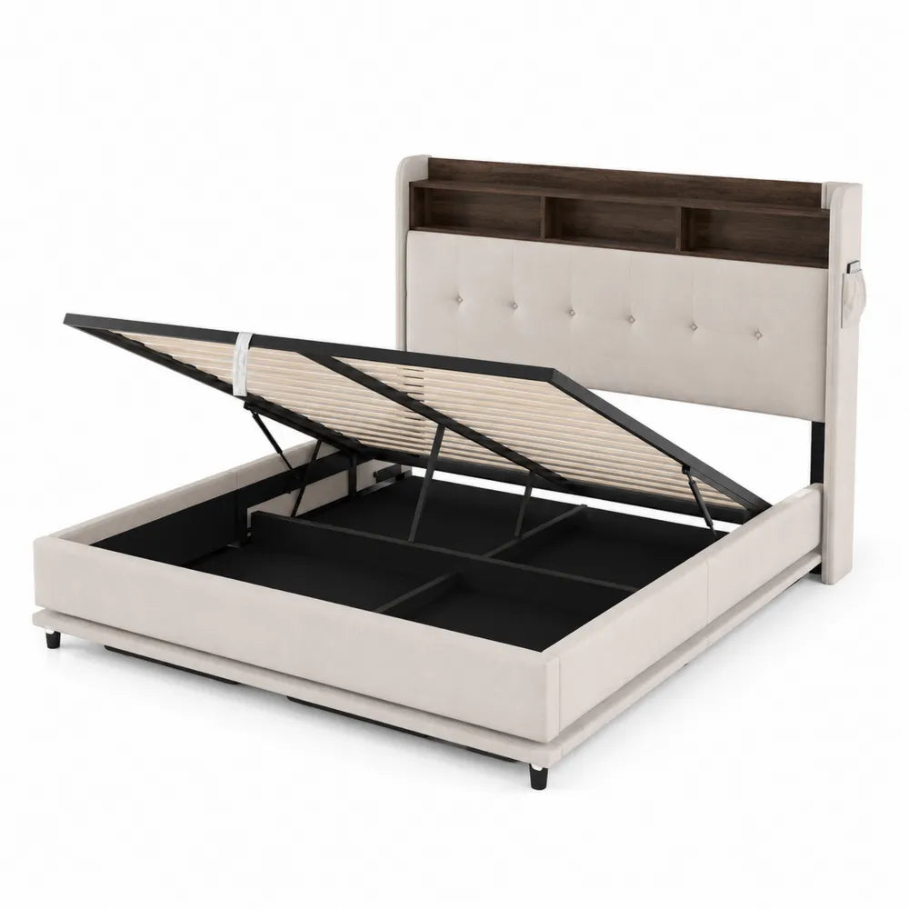 Letto matrimoniale in metallo e poliestere con contenitore e testiera