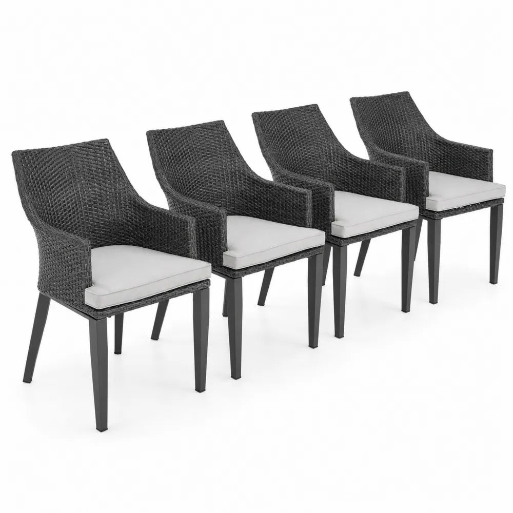 Set di 4 Sedie in Rattan Nero con Cuscini in Poliestere