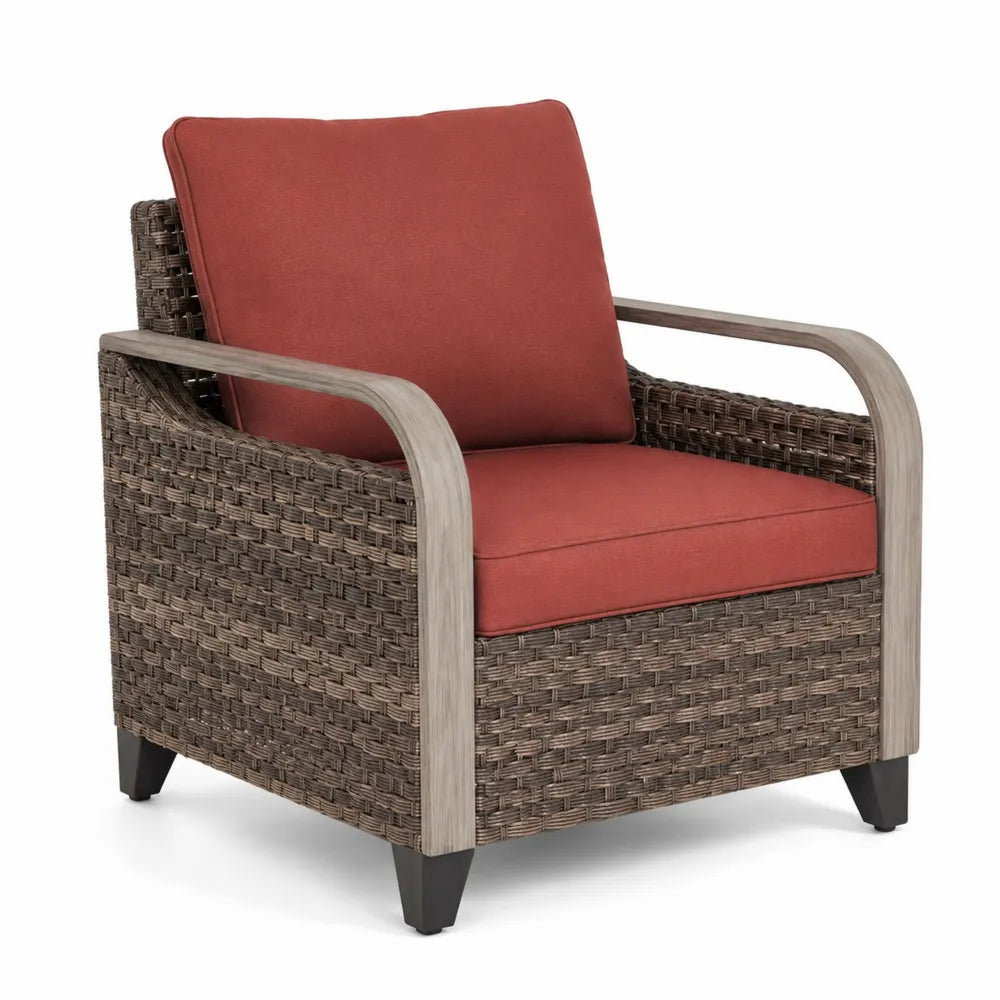 Poltrona da Esterno in Rattan Sintetico con Cuscini in Poliestere Rosso