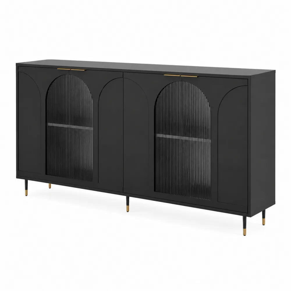 Credenza in legno nera con ante in vetro ondulato