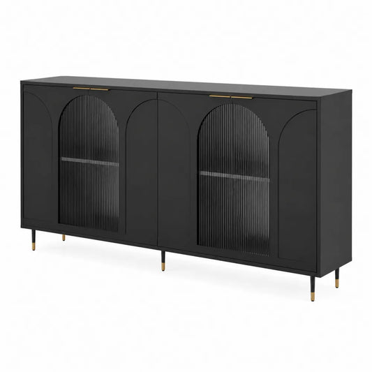 Credenza in legno nera con ante in vetro ondulato
