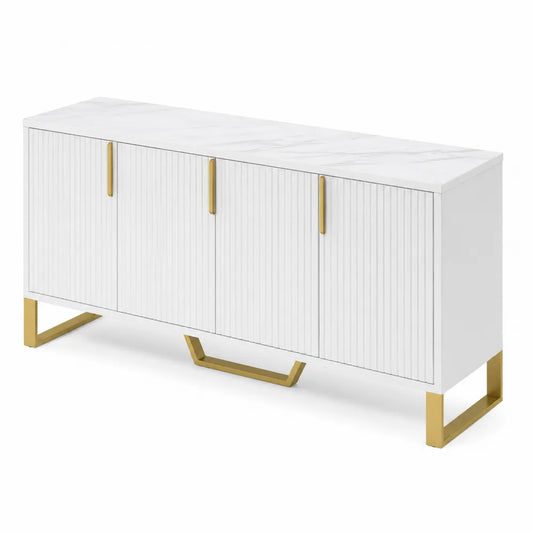 Credenza in MDF bianco con gambe in metallo dorato a 4 ante