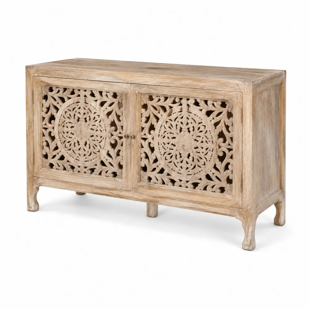 Credenza in legno di mango intagliato beige