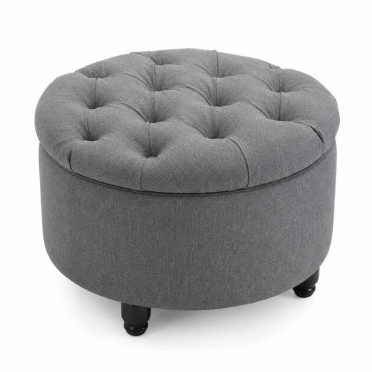 Panca rotonda in tessuto di lino Grigio con bottoni, diametro 60 cm