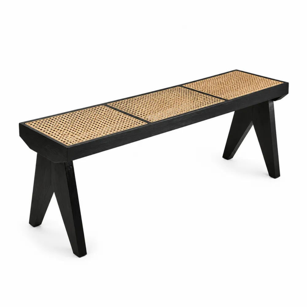 Panca in Legno e Rattan Nero con Dettagli Naturali 120x35x45 cm