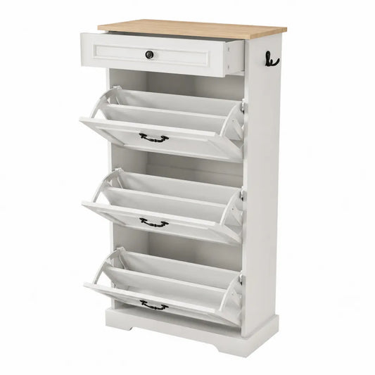 Scarpiera in Legno e MDF Bianco con Cassetto e 4 Scomparti
