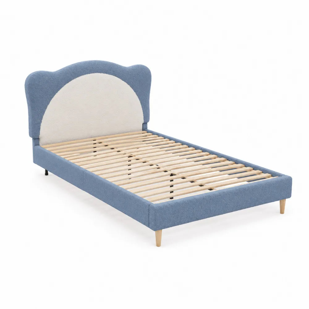 Letto singolo per bambini in tessuto e legno massello Azzurro/Crema 90x200 cm