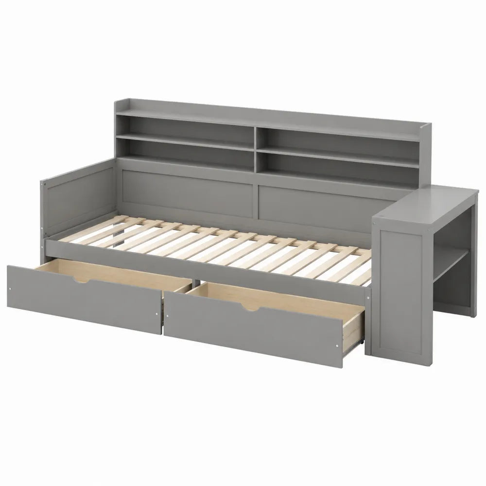 Letto singolo in legno con cassetti e libreria integrata grigio 200x90 cm