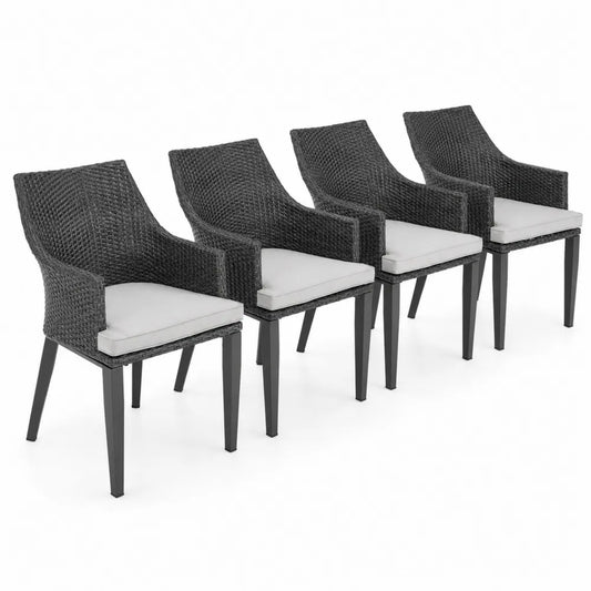 Set di 4 Sedie in Rattan Nero con Cuscini in Poliestere
